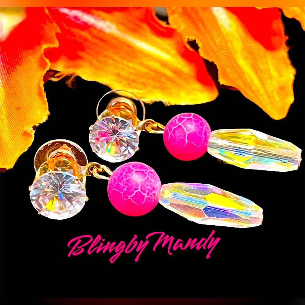 adorable pink dragon vein earrings one of a kind made by me-NWOT-super shiny